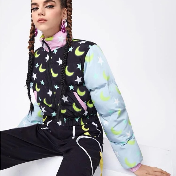Star Moon Color-block Cropped Puffer Jacket Coat - Picture 5 of 11